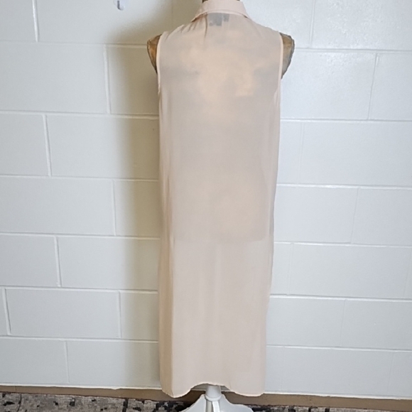 Pink Sheer Netting Embroidered Long Button Up Vest Shirt Side Slits - Picture 2 of 13